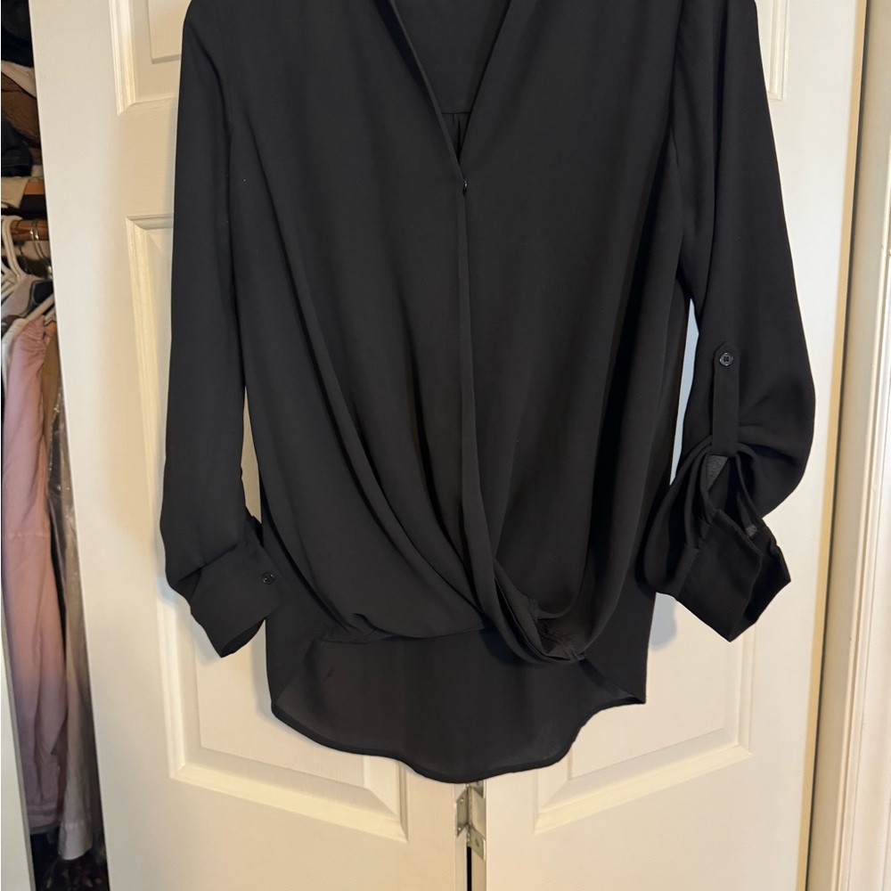 PLEIONE Black Faux Wrap High-Low Long Sleeve blouse